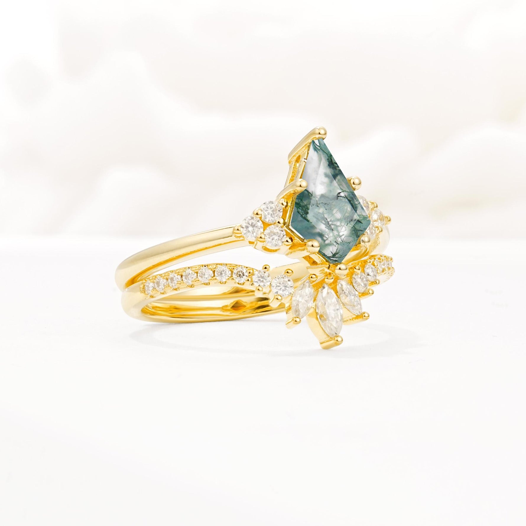 Kite Cut Moss Agate Engagement Ring Set with Sunburst Curved Band - Rose-Gold