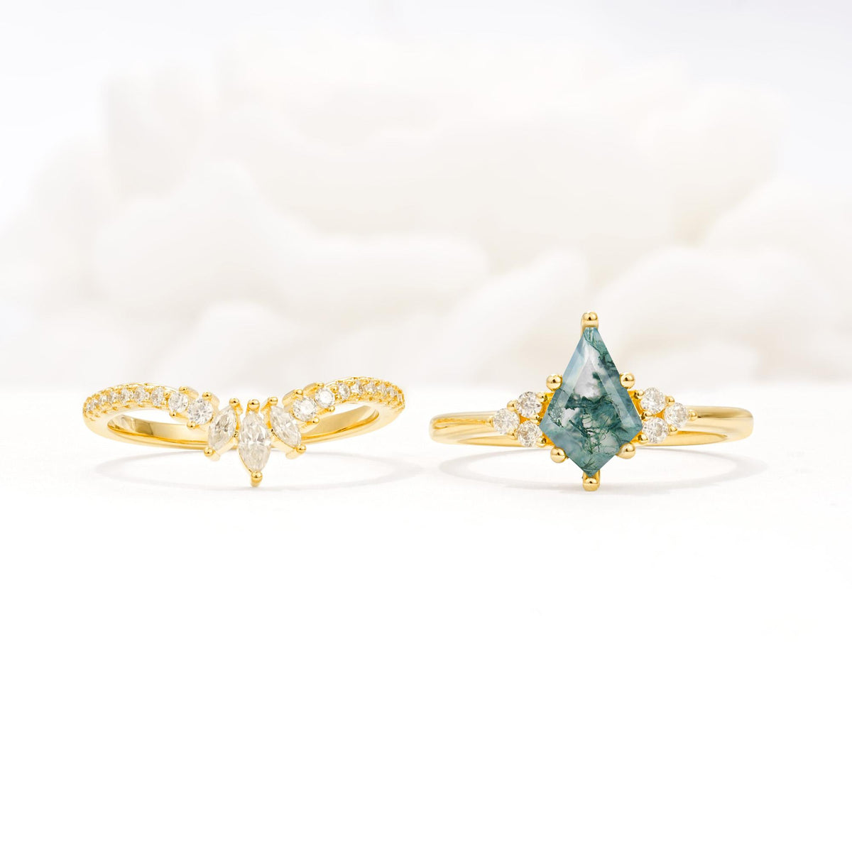 Kite Cut Moss Agate Engagement Ring Set with Sunburst Curved Band - White-Gold