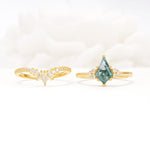 Kite Cut Moss Agate Engagement Ring Set with Sunburst Curved Band - White-Gold