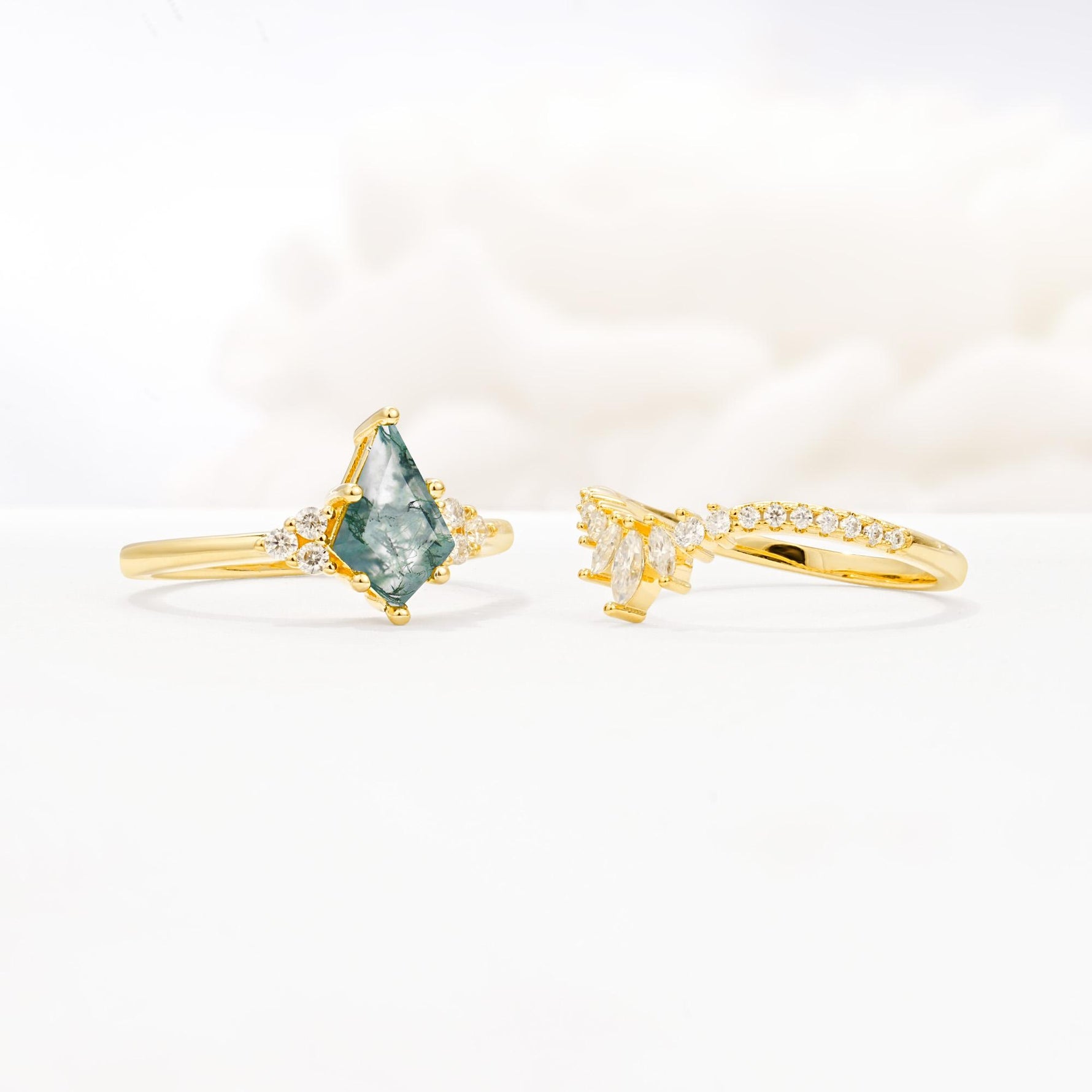 Kite Cut Moss Agate Engagement Ring Set with Sunburst Curved Band - Additional view