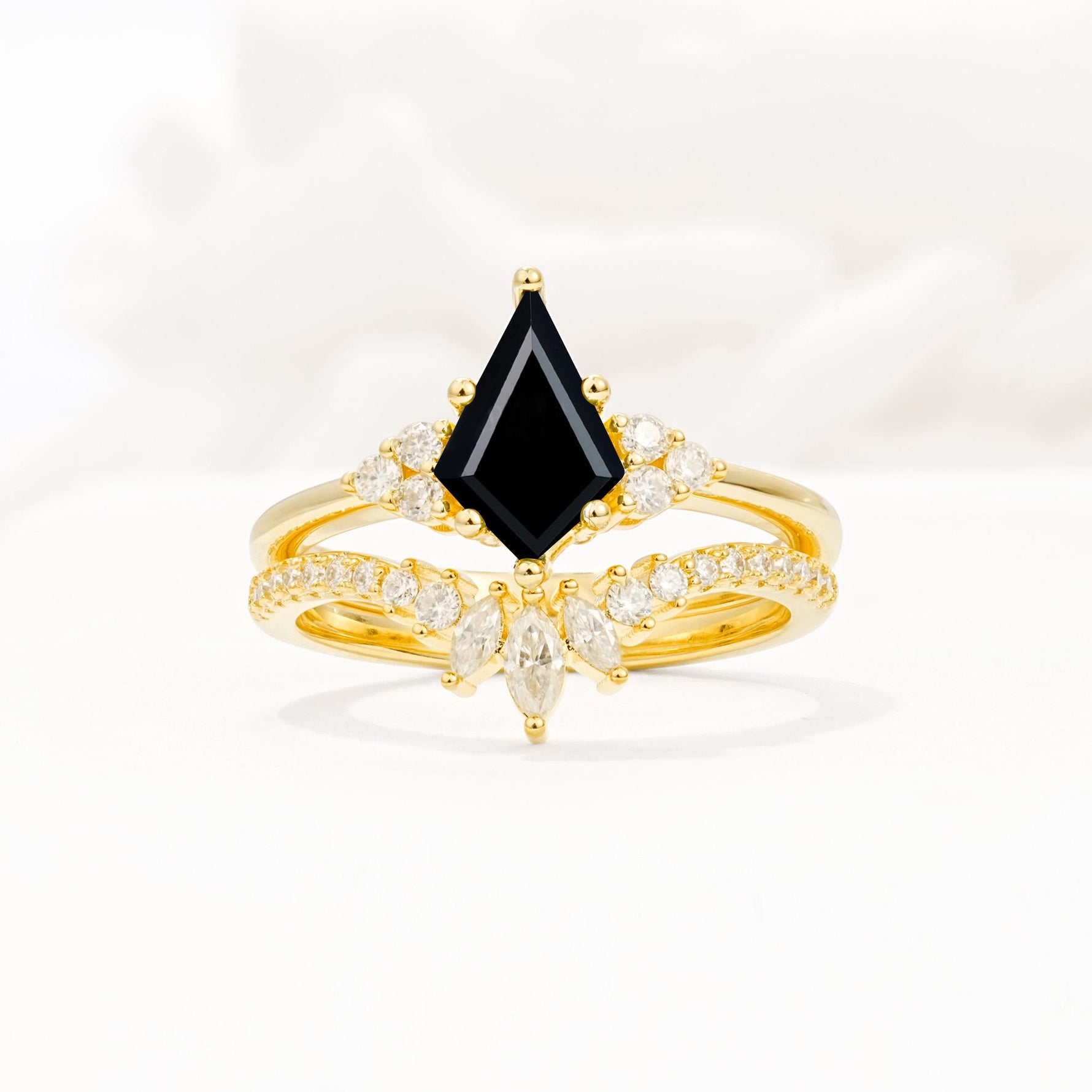 Kite Cut Black Onyx Engagement Ring Set with Sunburst Curved Band - Yellow-Gold
