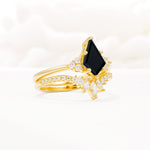 Kite Cut Black Onyx Engagement Ring Set with Sunburst Curved Band - Rose-Gold