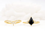 Kite Cut Black Onyx Engagement Ring Set with Sunburst Curved Band - White-Gold