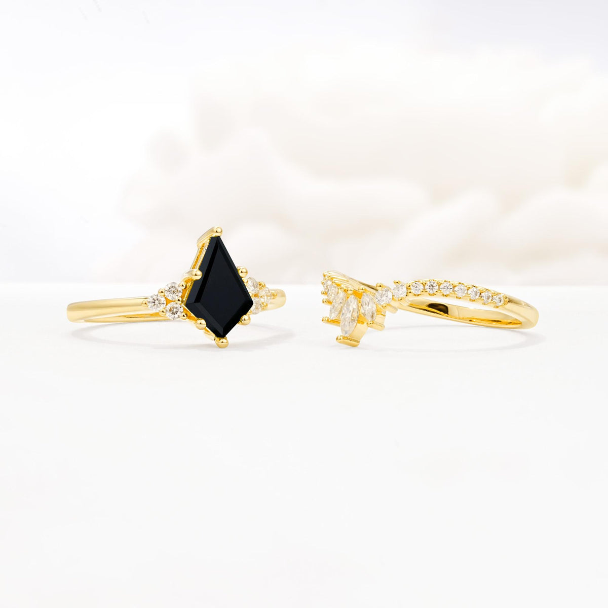 Kite Cut Black Onyx Engagement Ring Set with Sunburst Curved Band - Additional view