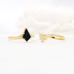 Kite Cut Black Onyx Engagement Ring Set with Sunburst Curved Band - Additional view