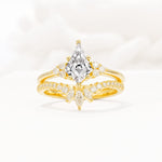 Kite Cut Lab Diamond Engagement Ring Set with Sunburst Curved Band - Yellow-Gold