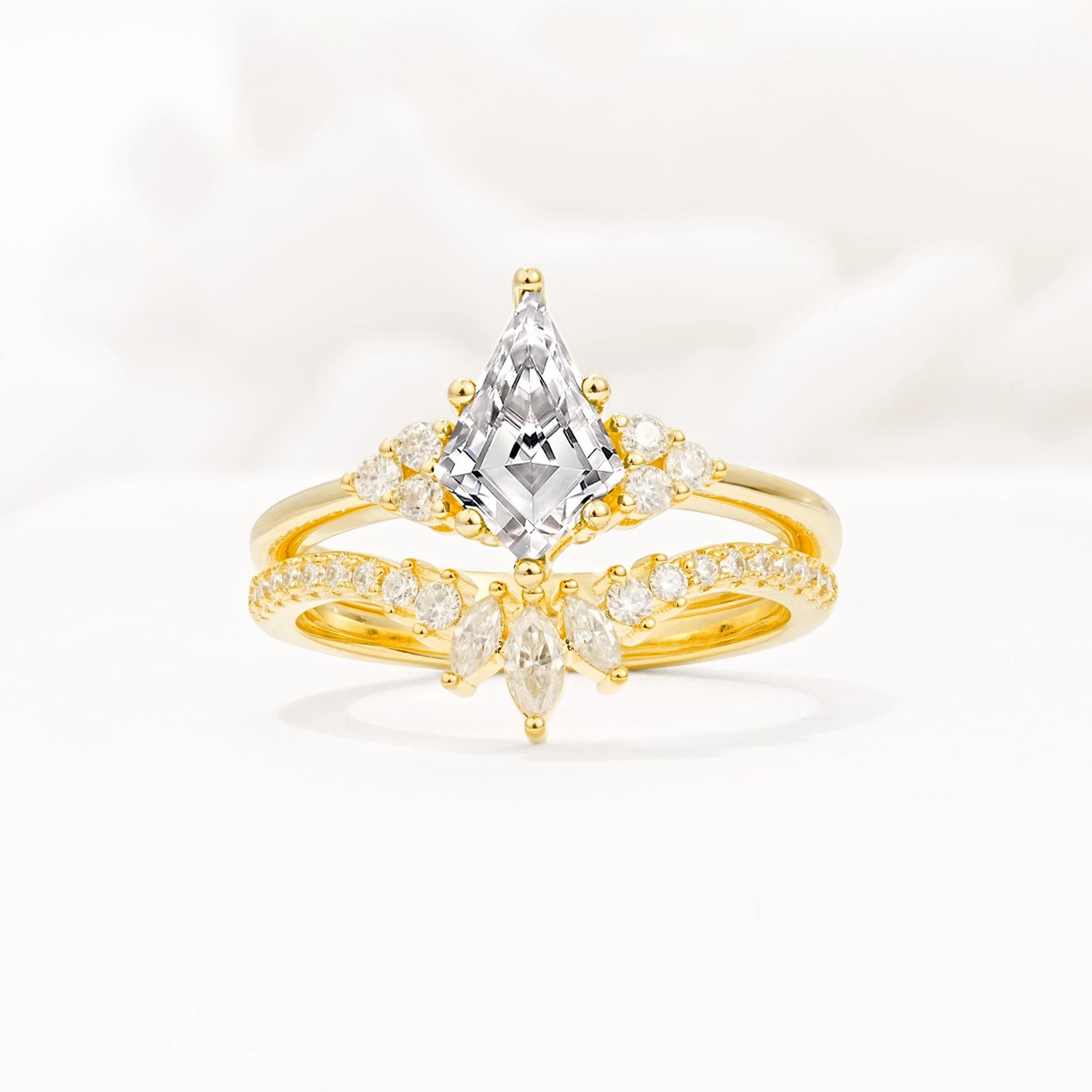 Kite Cut Lab Diamond Engagement Ring Set with Sunburst Curved Band - Yellow-Gold