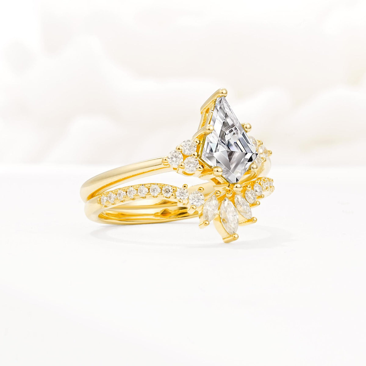 Kite Cut Lab Diamond Engagement Ring Set with Sunburst Curved Band - Rose-Gold