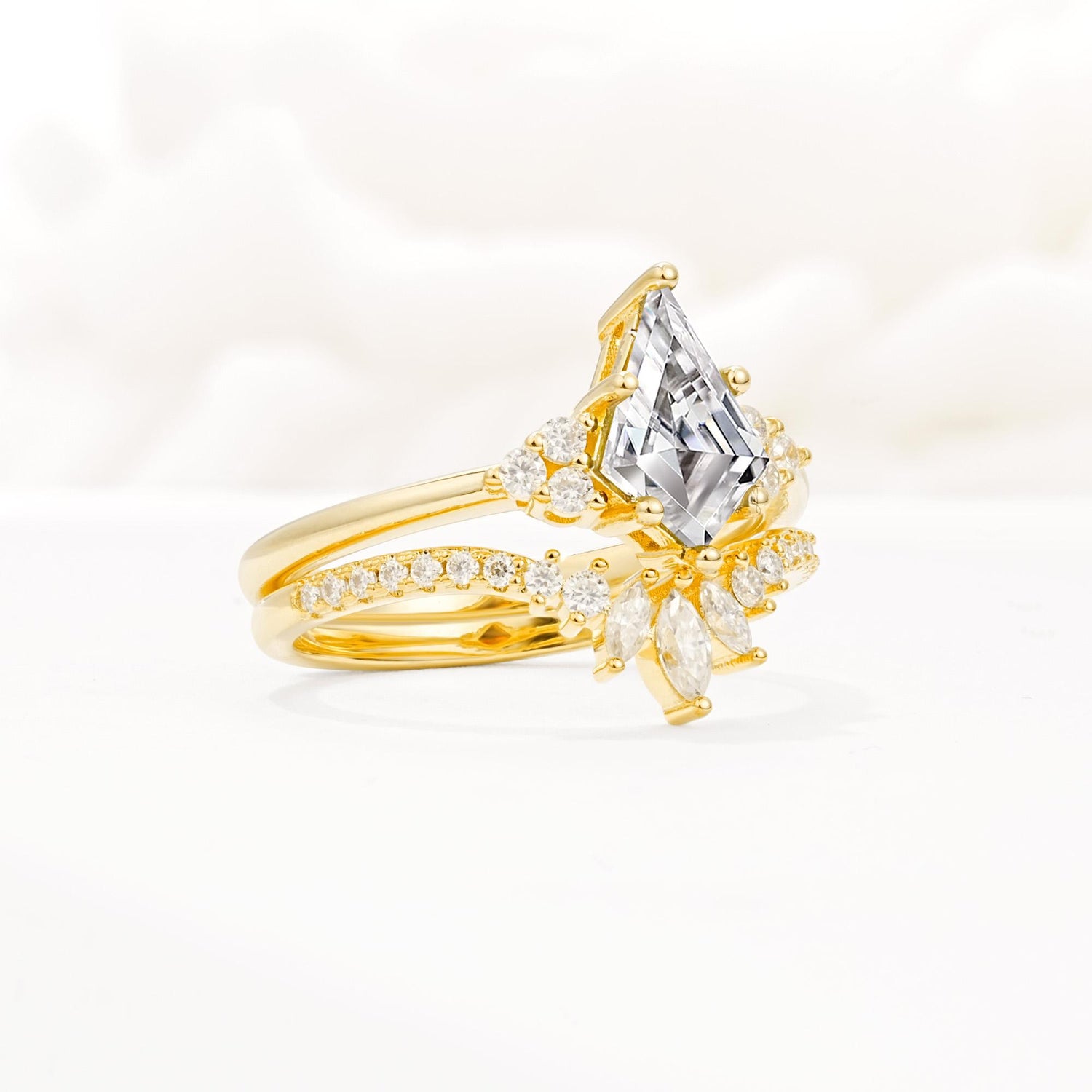 Kite Cut Lab Diamond Engagement Ring Set with Sunburst Curved Band - Rose-Gold