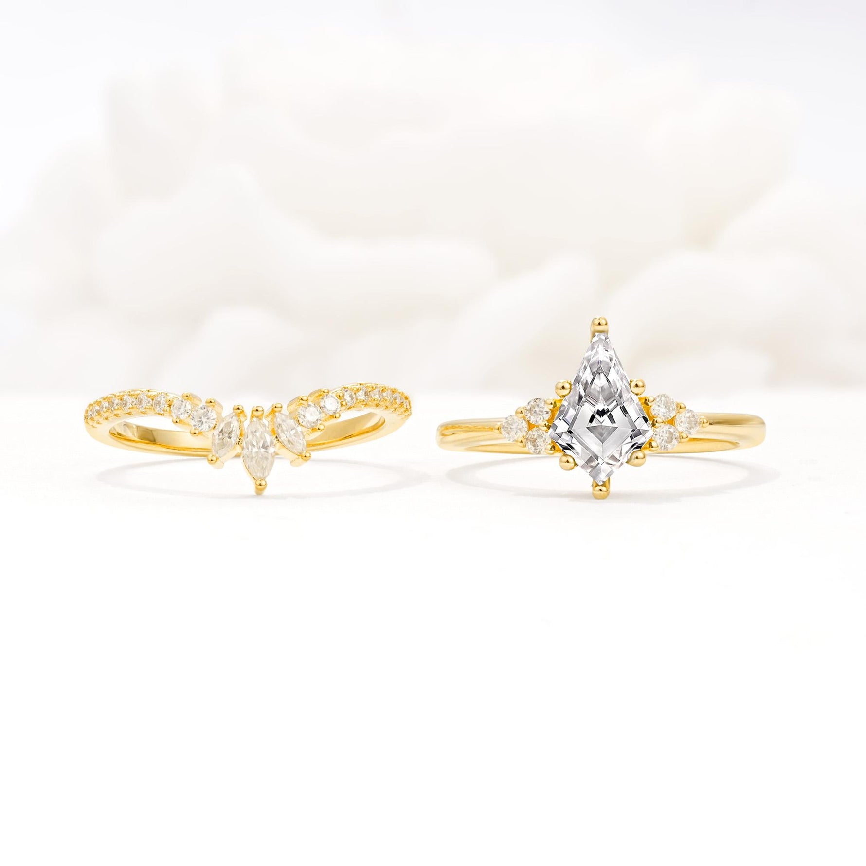 Kite Cut Lab Diamond Engagement Ring Set with Sunburst Curved Band - White-Gold