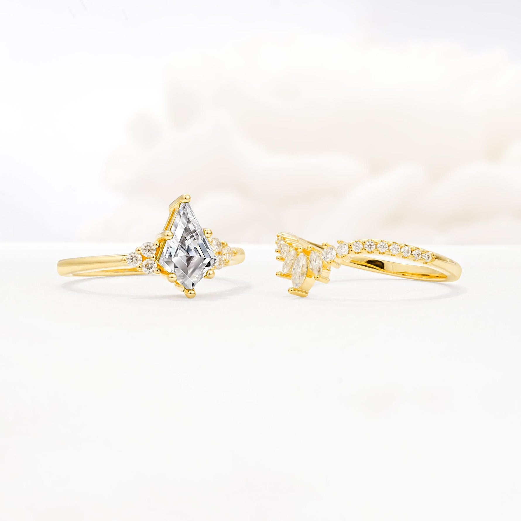 Kite Cut Lab Diamond Engagement Ring Set with Sunburst Curved Band - Additional view