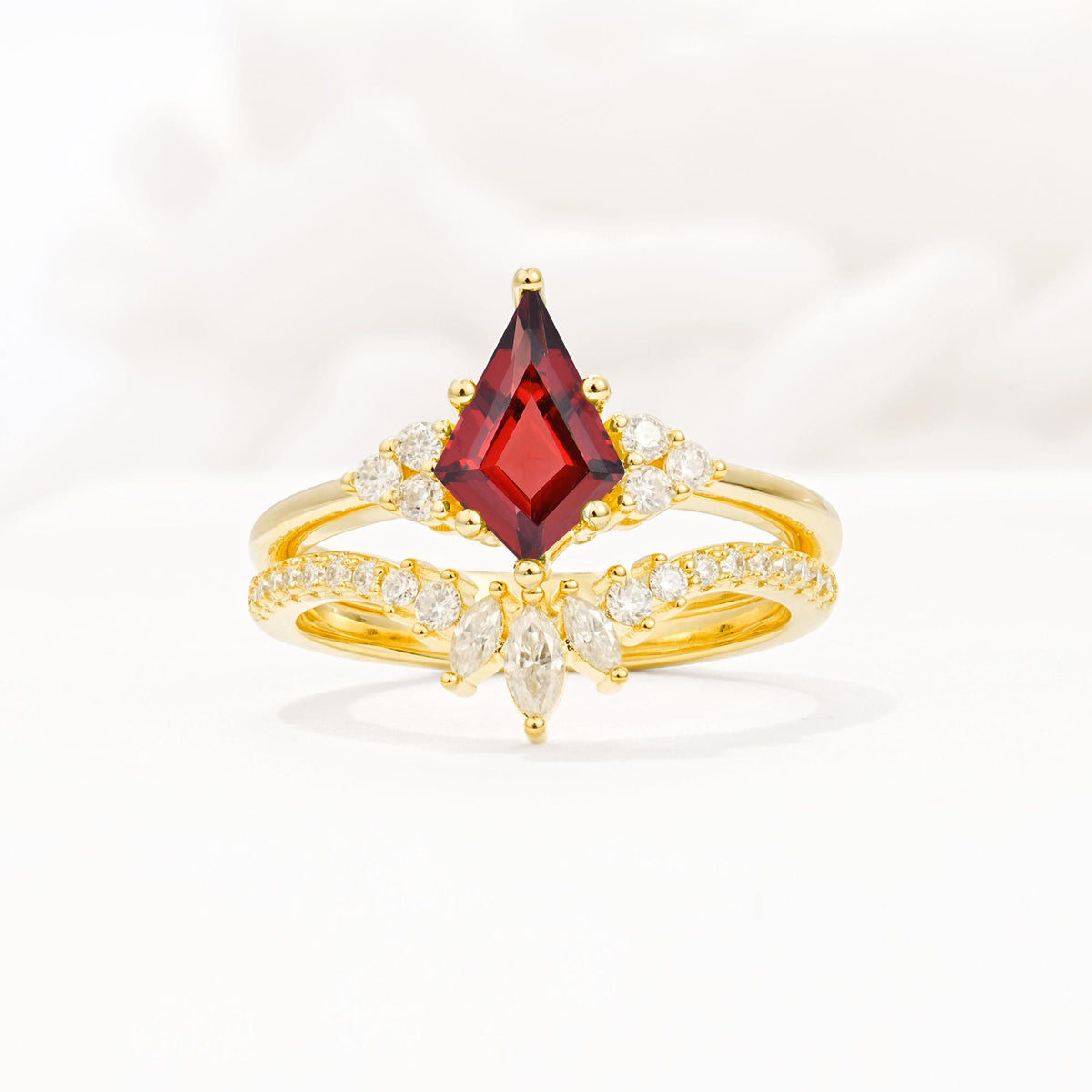 Kite Cut Garnet Engagement Ring Set with Sunburst Curved Band - Yellow-Gold