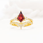 Kite Cut Garnet Engagement Ring Set with Sunburst Curved Band - Yellow-Gold