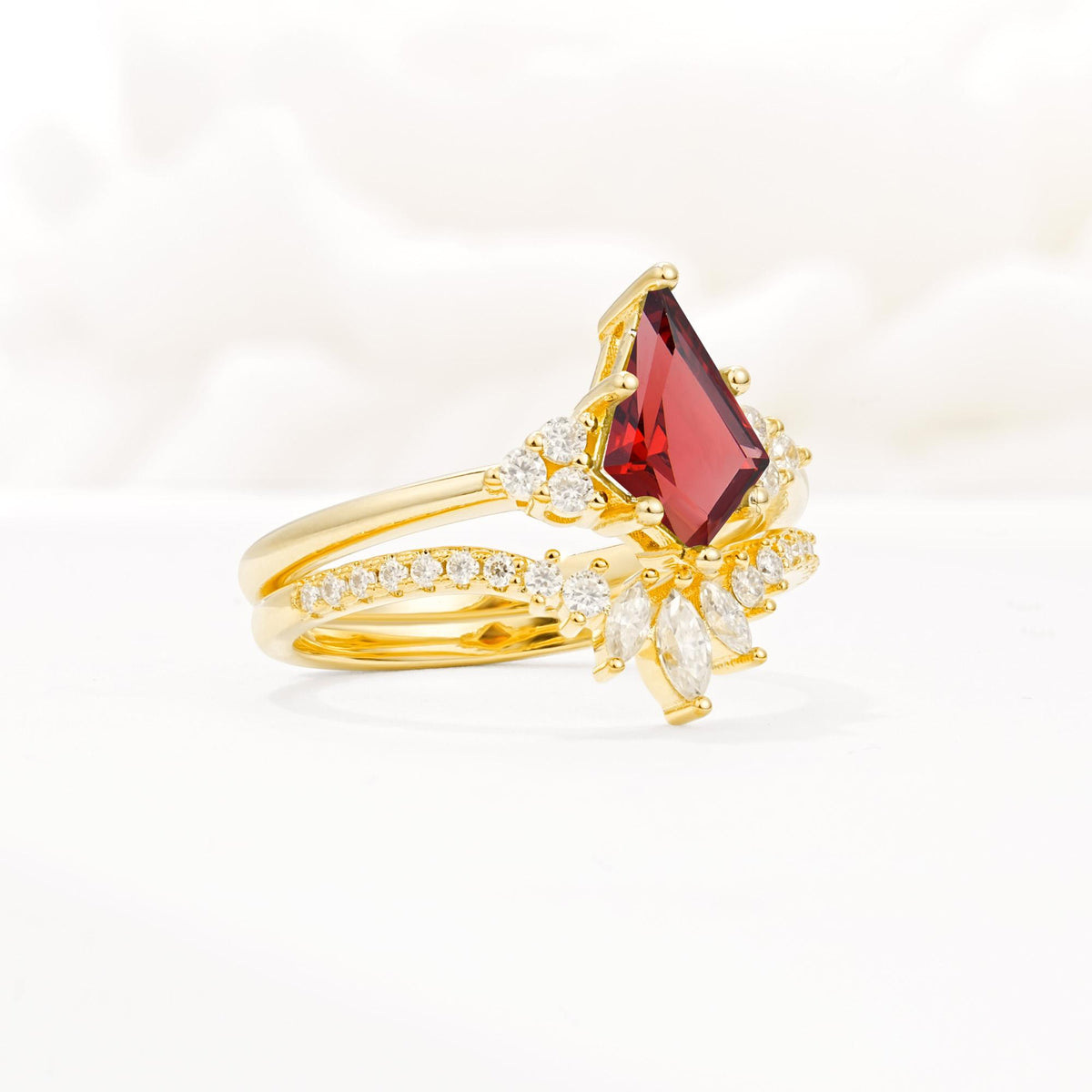 Kite Cut Garnet Engagement Ring Set with Sunburst Curved Band - Rose-Gold