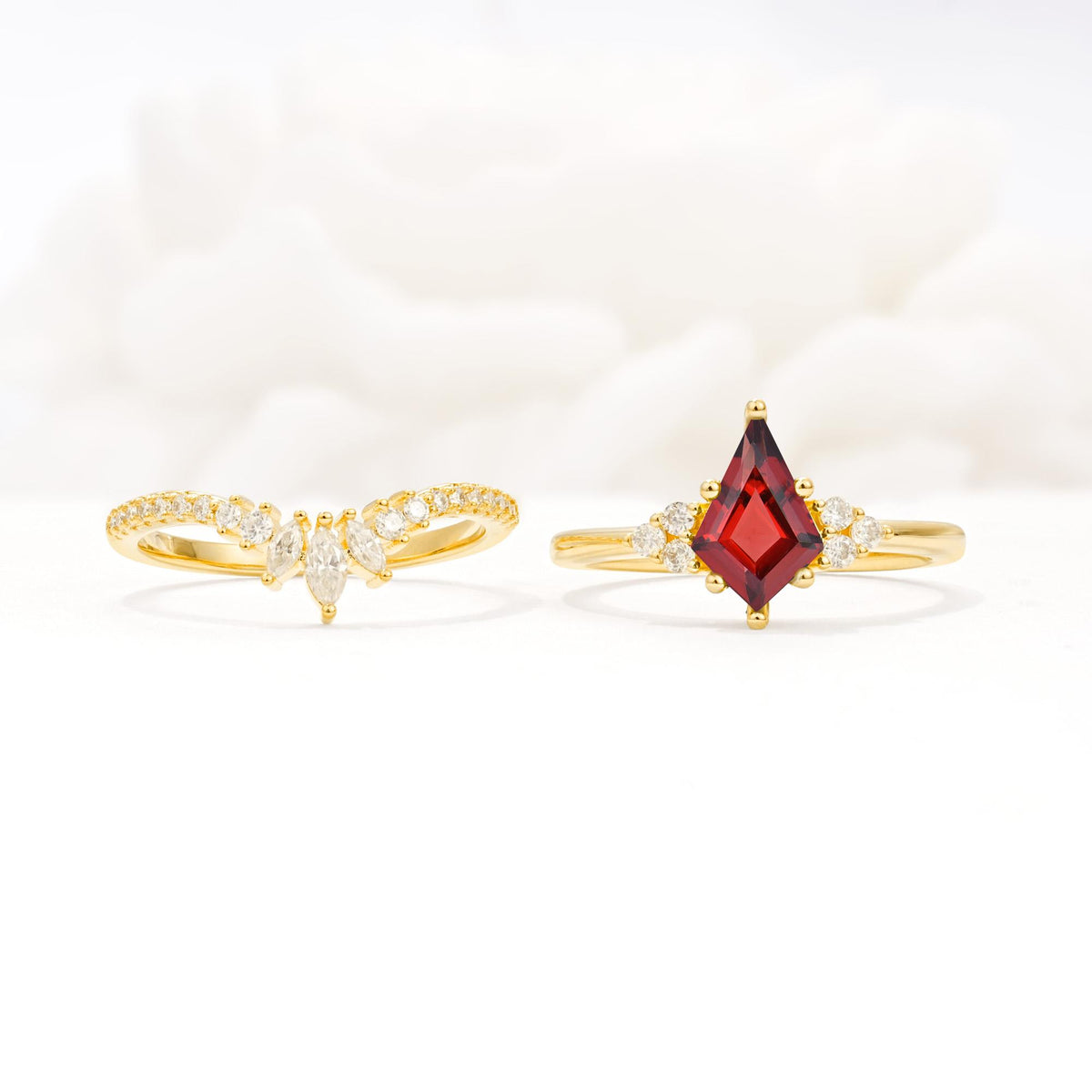 Kite Cut Garnet Engagement Ring Set with Sunburst Curved Band - White-Gold