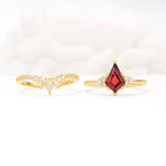 Kite Cut Garnet Engagement Ring Set with Sunburst Curved Band - White-Gold