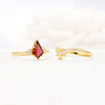 Kite Cut Garnet Engagement Ring Set with Sunburst Curved Band - Additional view