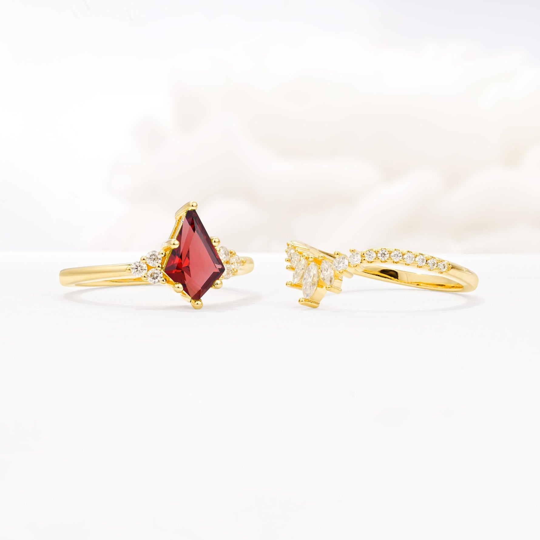 Kite Cut Garnet Engagement Ring Set with Sunburst Curved Band - Additional view