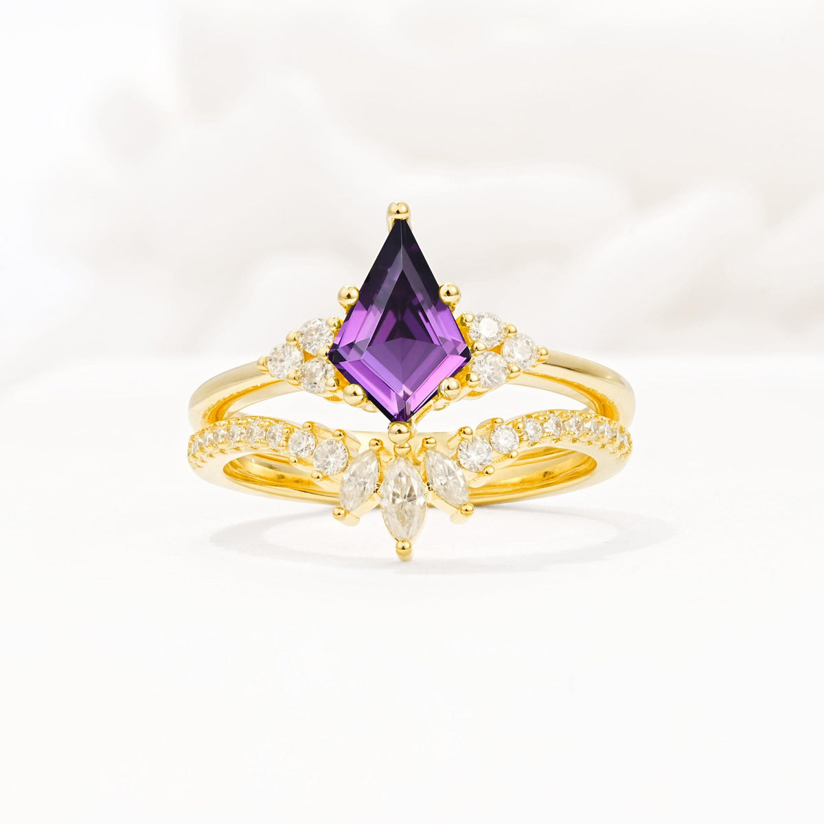 Kite Cut Amethyst Engagement Ring Set with Sunburst Curved Band - Yellow-Gold