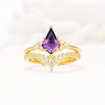 Kite Cut Amethyst Engagement Ring Set with Sunburst Curved Band - Yellow-Gold