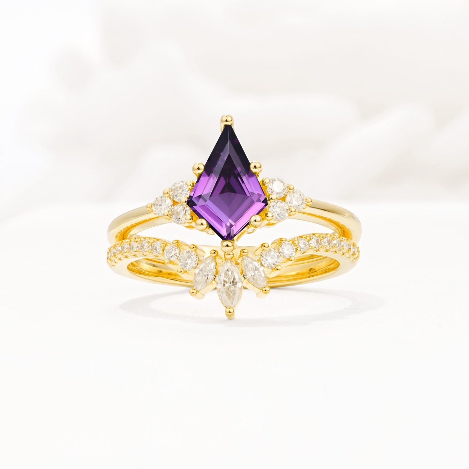 Kite Cut Amethyst Engagement Ring Set with Sunburst Curved Band - Yellow-Gold