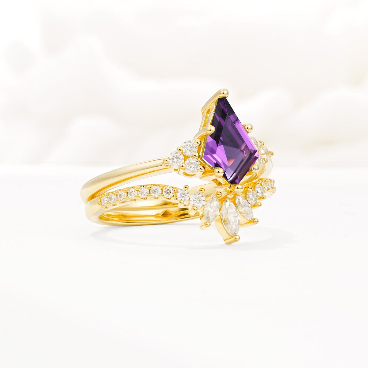 Kite Cut Amethyst Engagement Ring Set with Sunburst Curved Band - Rose-Gold