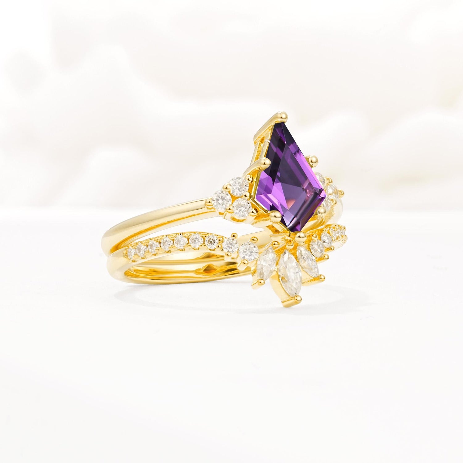 Kite Cut Amethyst Engagement Ring Set with Sunburst Curved Band - Rose-Gold