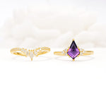 Kite Cut Amethyst Engagement Ring Set with Sunburst Curved Band - White-Gold