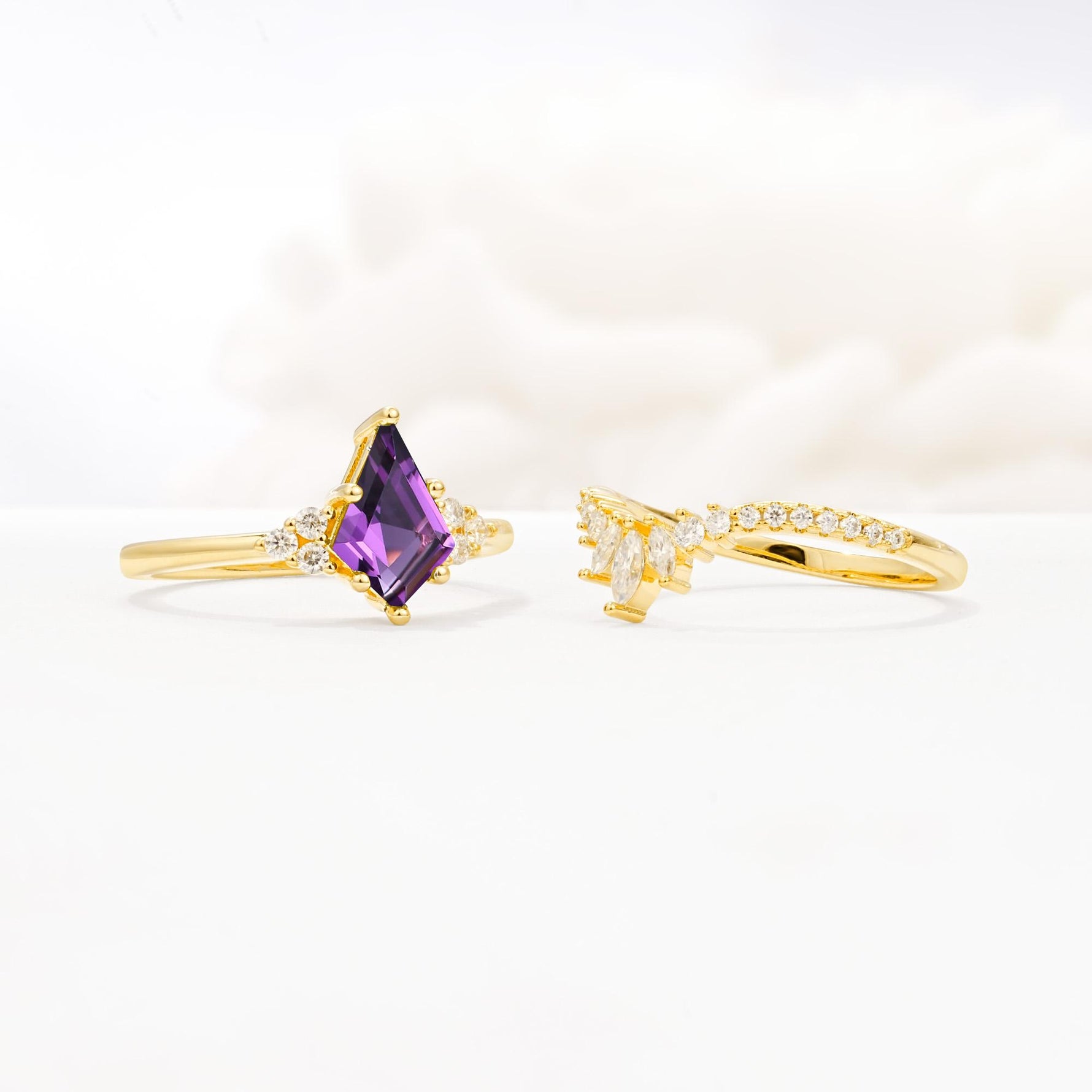 Kite Cut Amethyst Engagement Ring Set with Sunburst Curved Band - Additional view