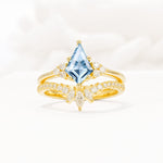 Kite Cut Aquamarine Engagement Ring Set with Sunburst Curved Band - Yellow-Gold