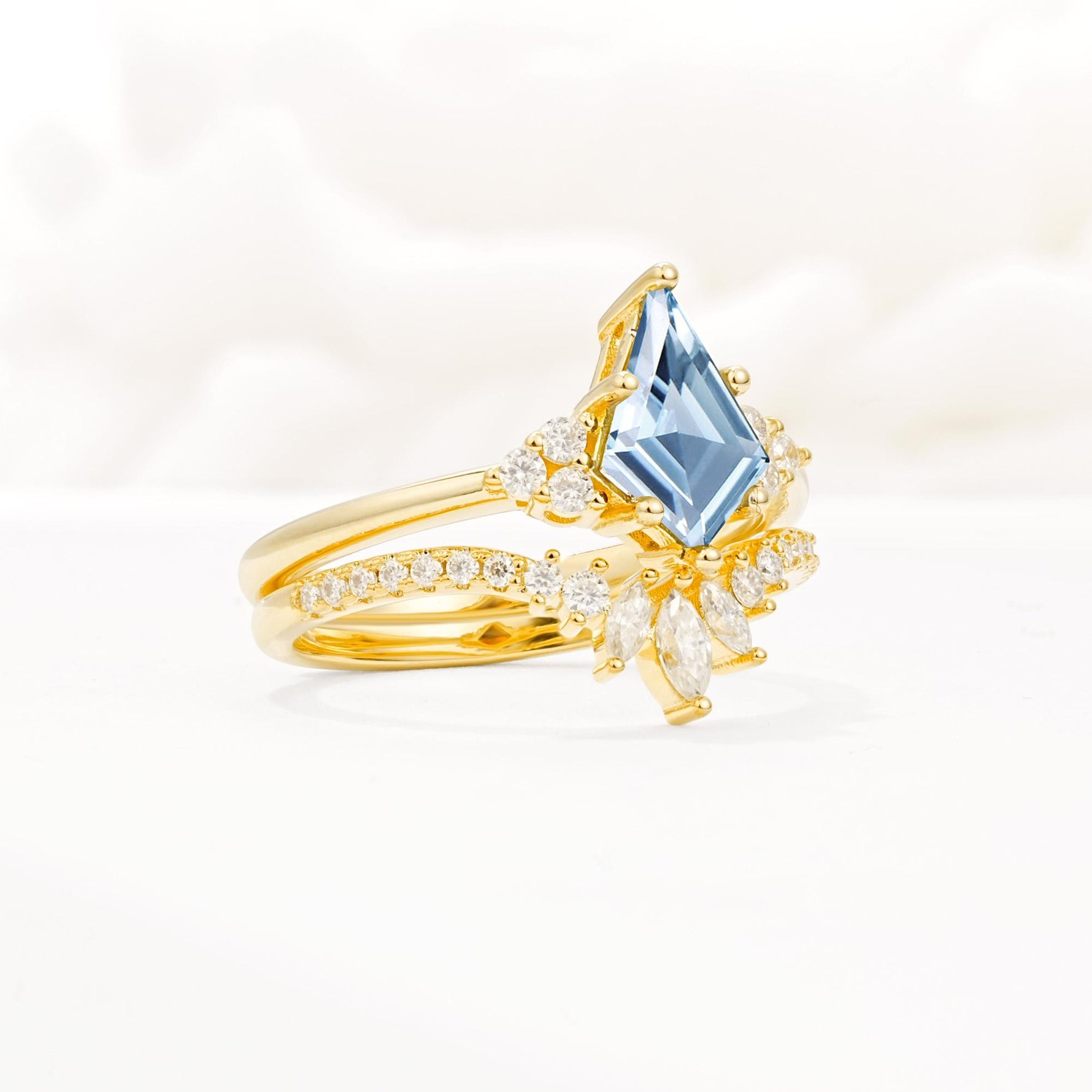 Kite Cut Aquamarine Engagement Ring Set with Sunburst Curved Band - Rose-Gold