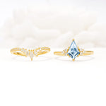 Kite Cut Aquamarine Engagement Ring Set with Sunburst Curved Band - White-Gold