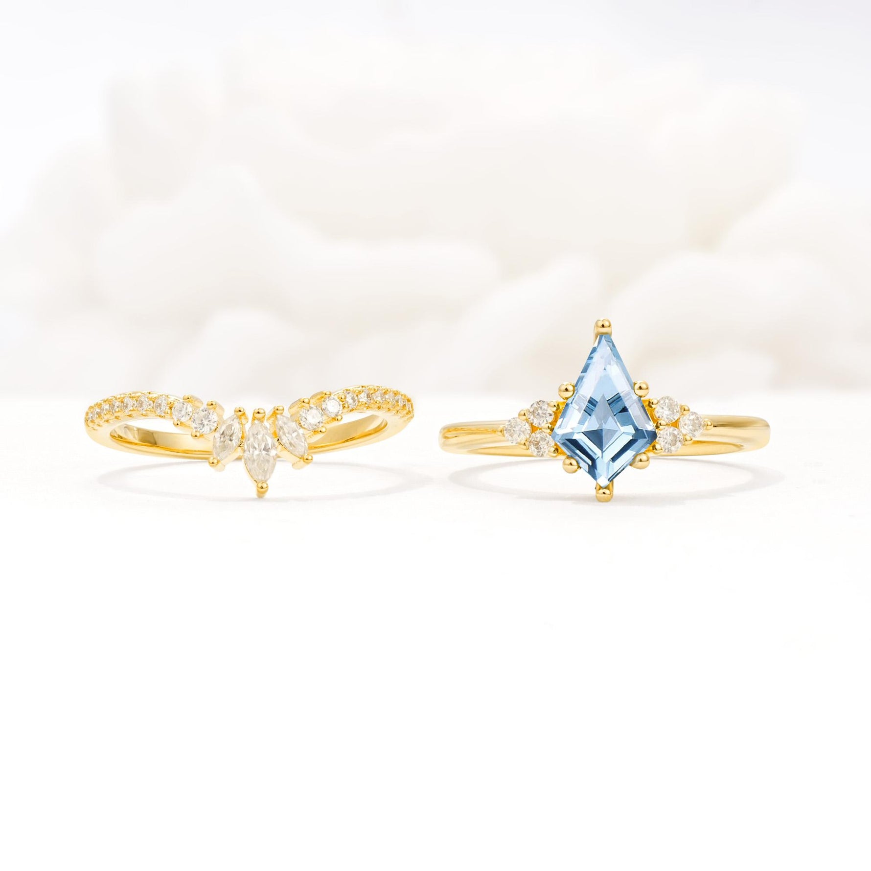 Kite Cut Aquamarine Engagement Ring Set with Sunburst Curved Band - White-Gold