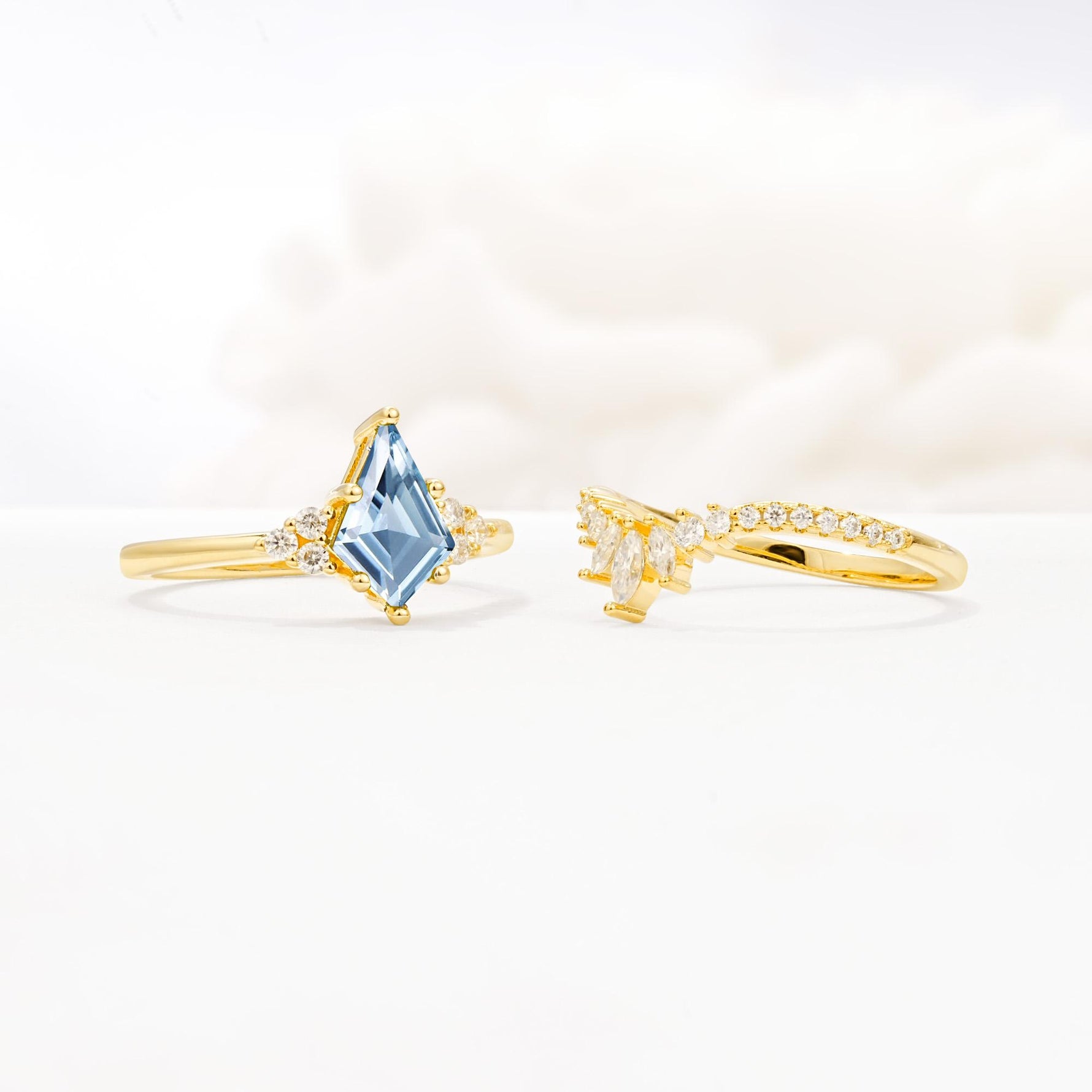 Kite Cut Aquamarine Engagement Ring Set with Sunburst Curved Band - Additional view