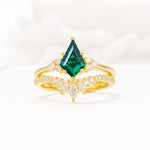 Kite Cut Emerald Engagement Ring Set with Sunburst Curved Band - Yellow-Gold