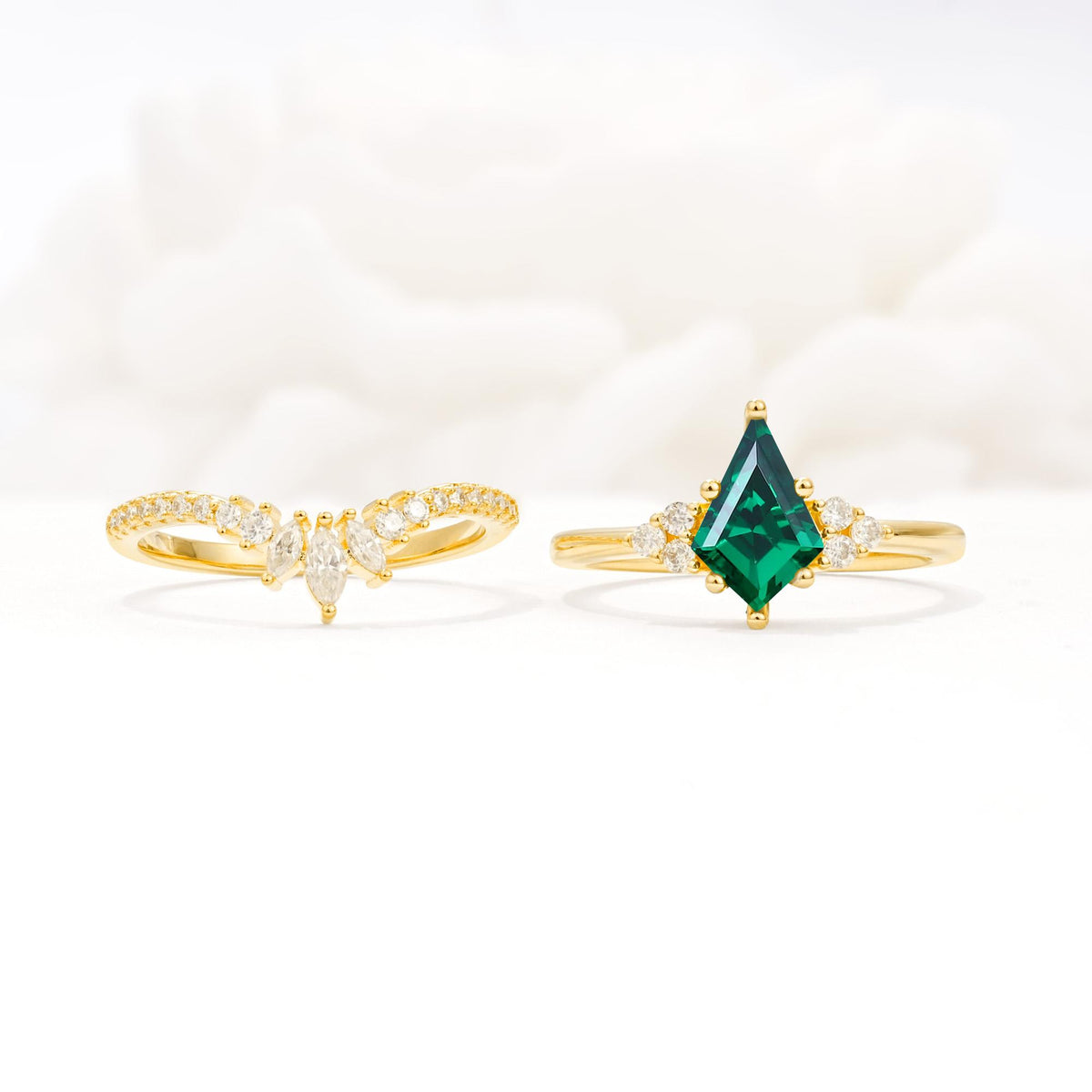 Kite Cut Emerald Engagement Ring Set with Sunburst Curved Band - White-Gold