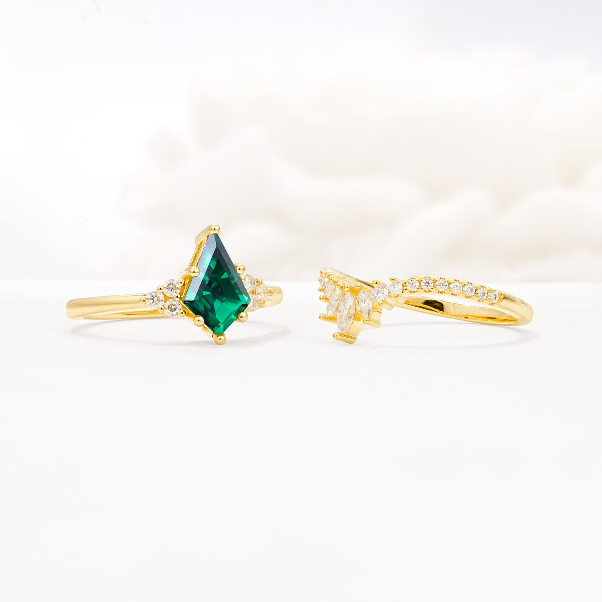 Kite Cut Emerald Engagement Ring Set with Sunburst Curved Band - Additional view