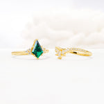Kite Cut Emerald Engagement Ring Set with Sunburst Curved Band - Additional view