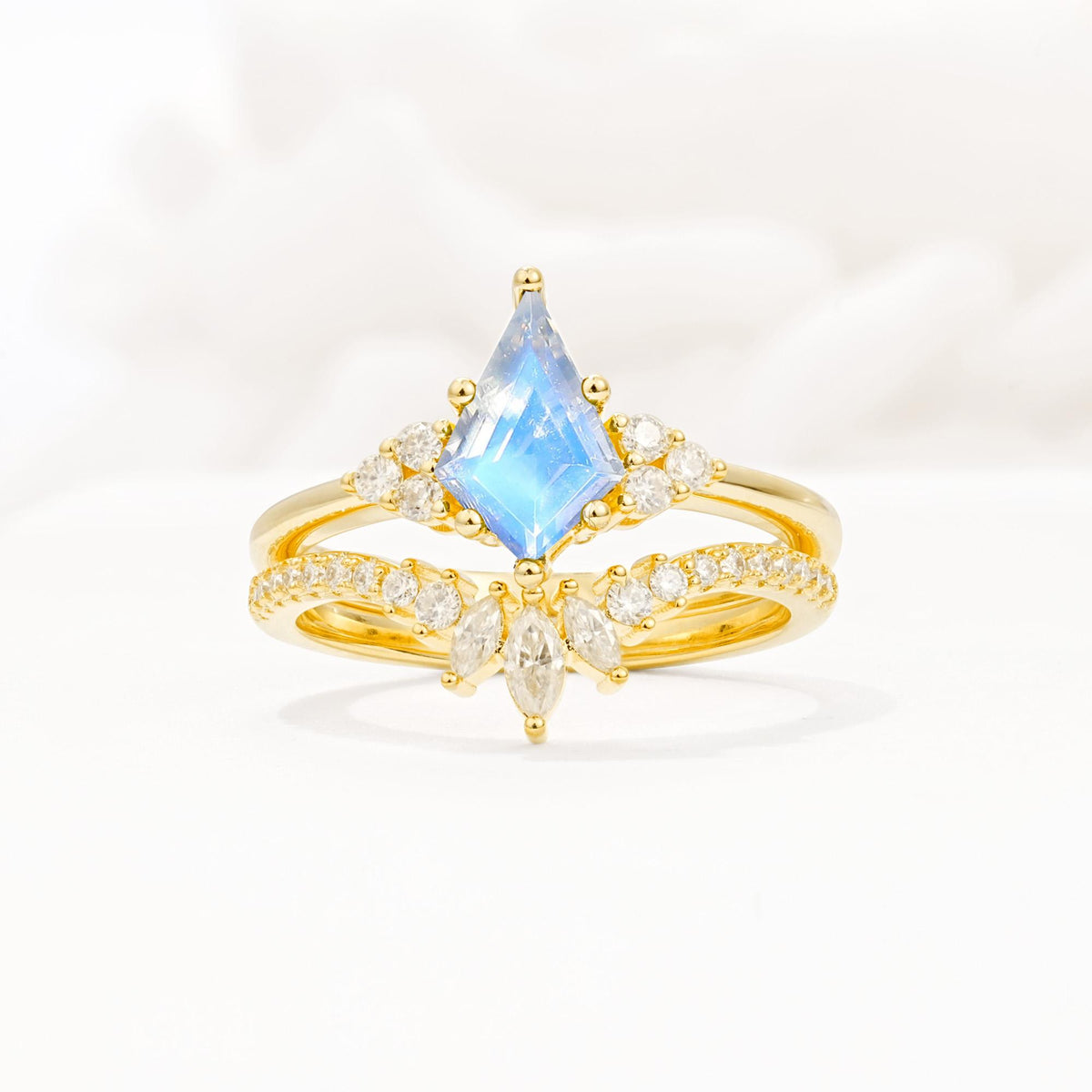 Kite Cut Moonstone Engagement Ring Set with Sunburst Curved Band - Yellow-Gold