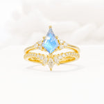 Kite Cut Moonstone Engagement Ring Set with Sunburst Curved Band - Yellow-Gold