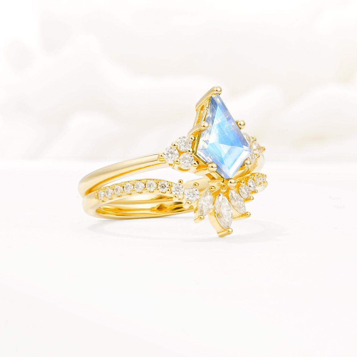 Kite Cut Moonstone Engagement Ring Set with Sunburst Curved Band - Rose-Gold