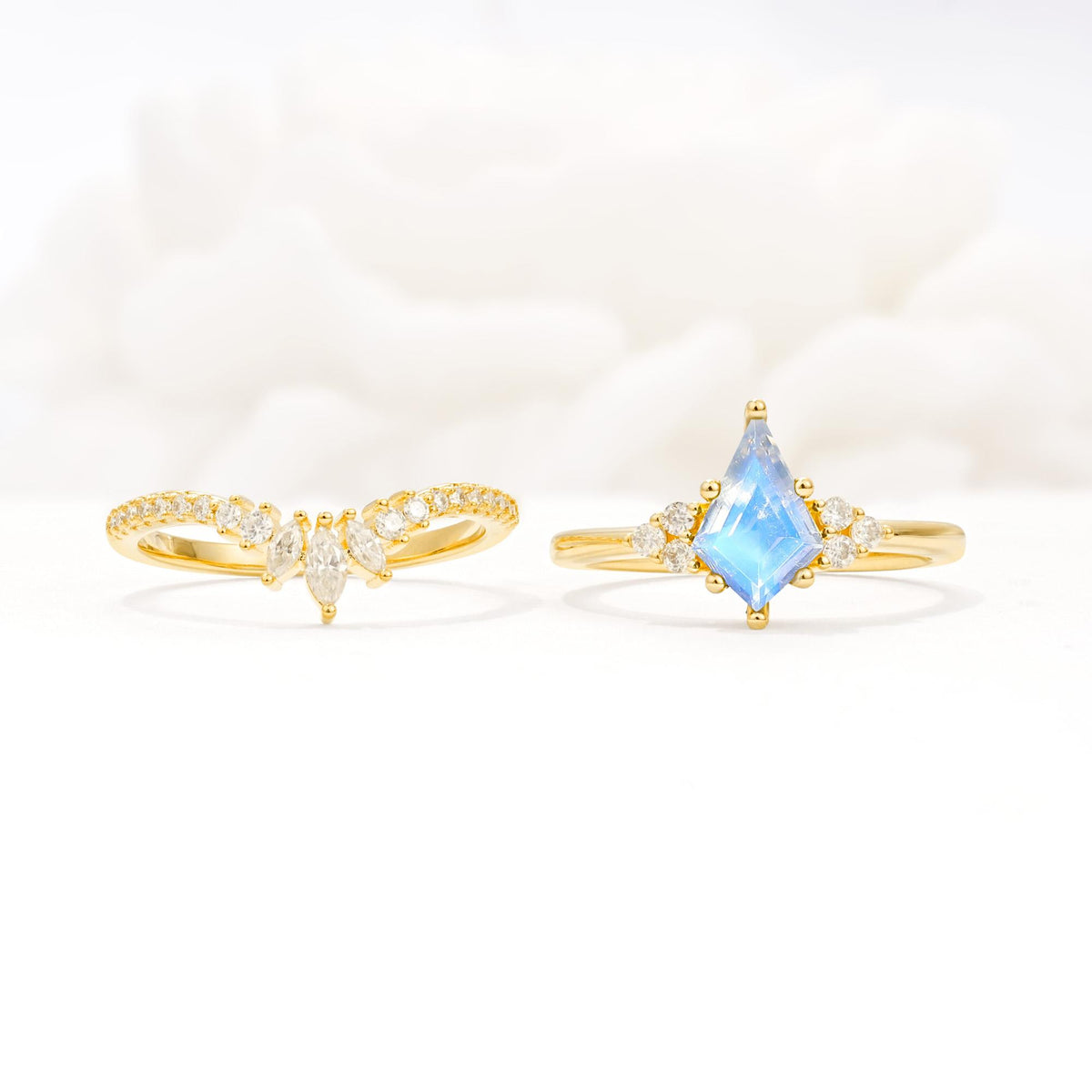 Kite Cut Moonstone Engagement Ring Set with Sunburst Curved Band - White-Gold