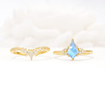 Kite Cut Moonstone Engagement Ring Set with Sunburst Curved Band - White-Gold