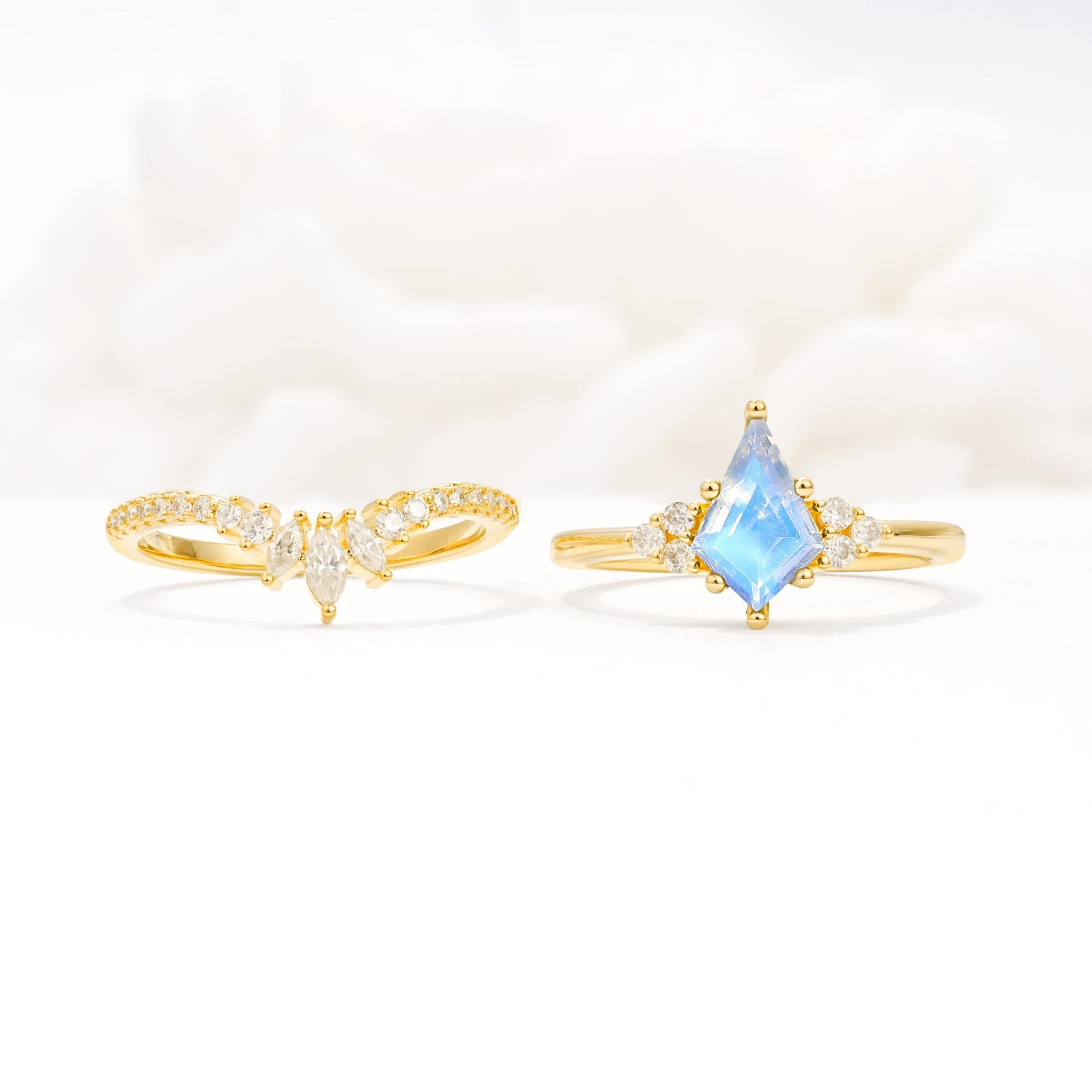 Kite Cut Moonstone Engagement Ring Set with Sunburst Curved Band - White-Gold