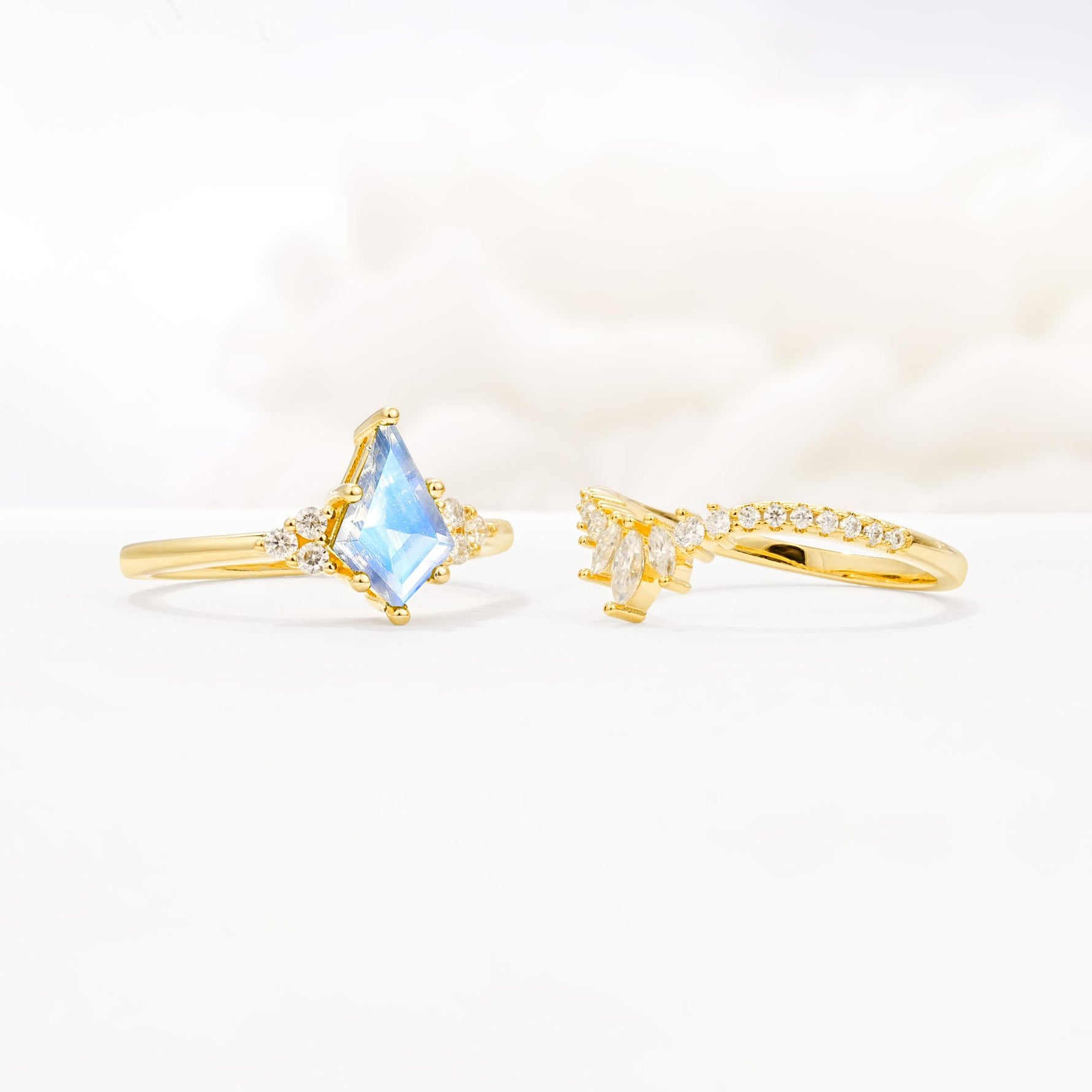 Kite Cut Moonstone Engagement Ring Set with Sunburst Curved Band - Additional view