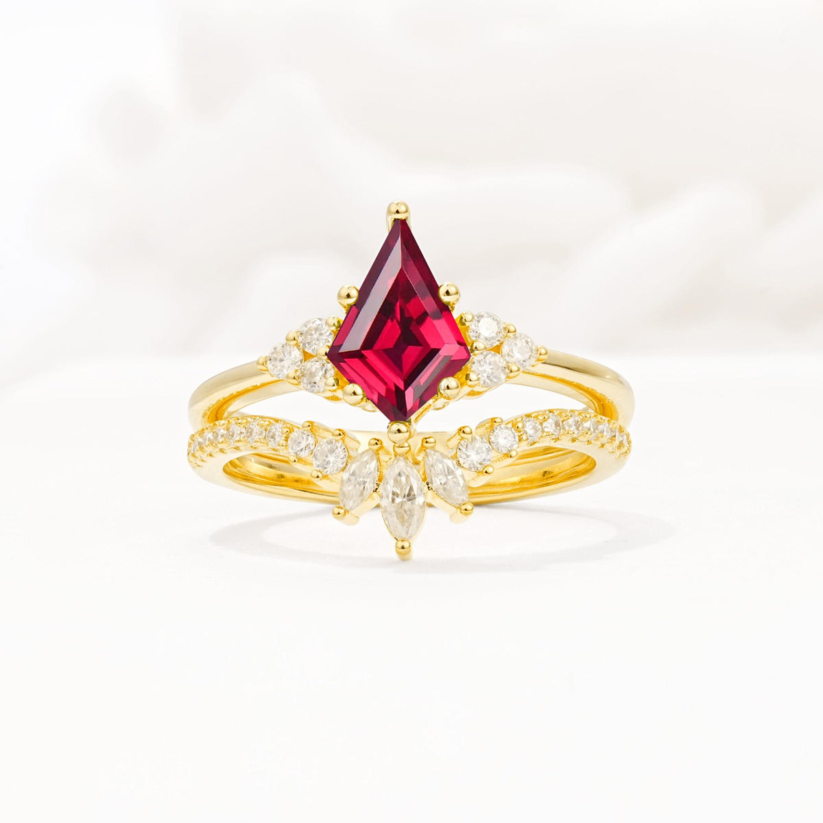Kite Cut Ruby Engagement Ring Set with Sunburst Curved Band - Yellow-Gold