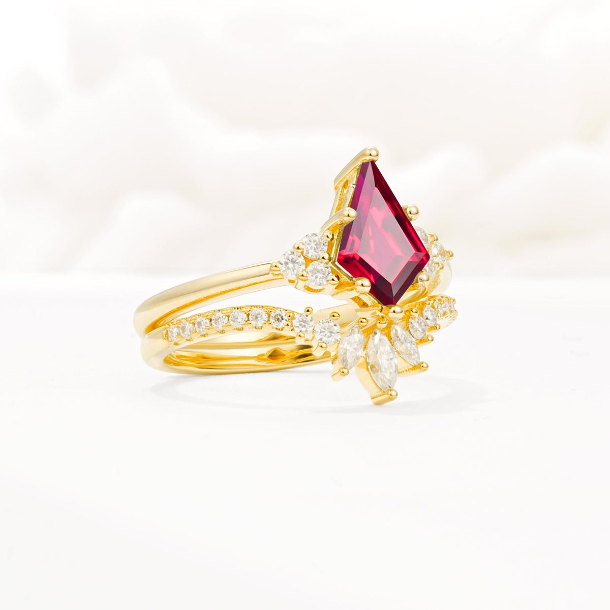 Kite Cut Ruby Engagement Ring Set with Sunburst Curved Band - Rose-Gold