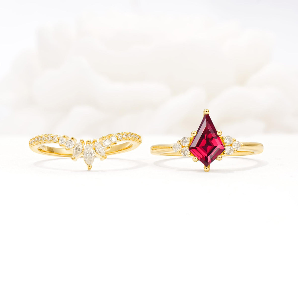 Kite Cut Ruby Engagement Ring Set with Sunburst Curved Band - White-Gold