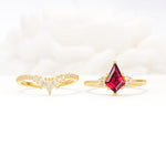 Kite Cut Ruby Engagement Ring Set with Sunburst Curved Band - White-Gold