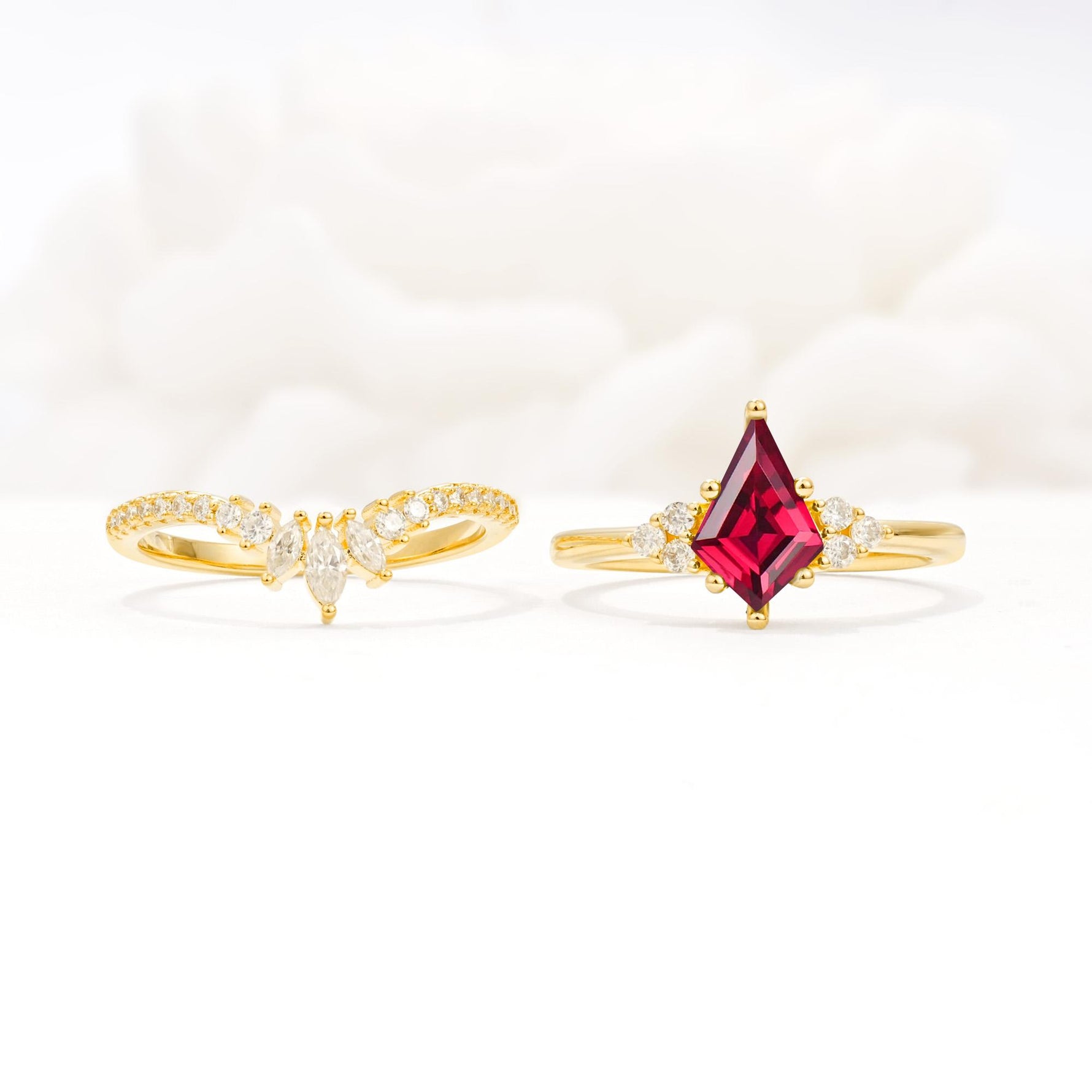 Kite Cut Ruby Engagement Ring Set with Sunburst Curved Band - White-Gold